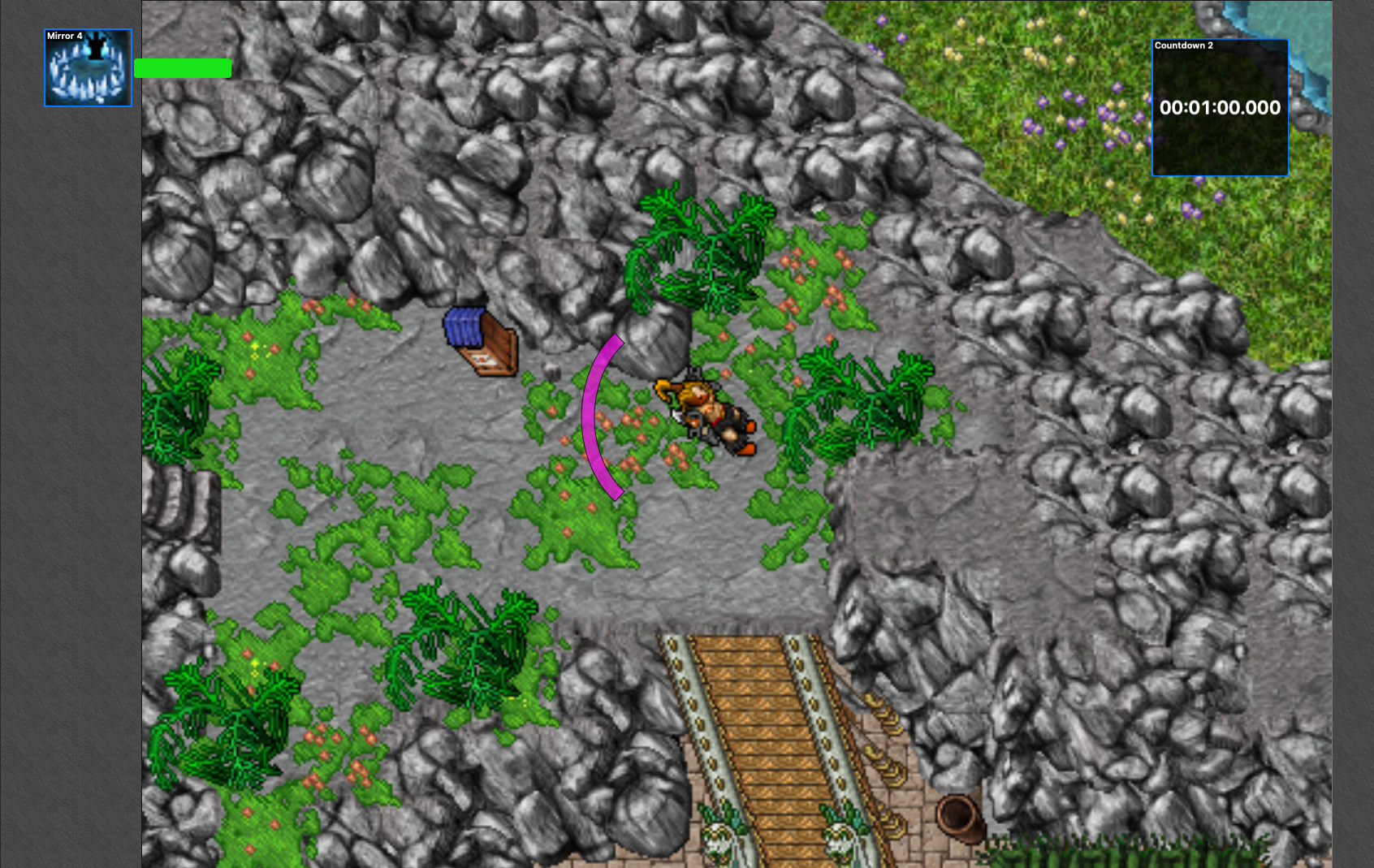 Tibia Auras showing a mirrored ability, progress bar, and one-minute countdown over the game